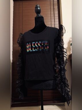 Love T Black 'BLESSED' Ruffle-Sleeve Top with Rainbow Graphic